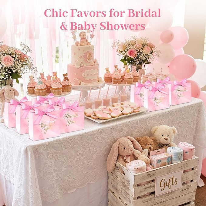 VGOODALL 24PCS Thank You Gift Bags, 4.5x3.9x1.8Inches Mini Party Favor Bags Pink Treat Boxes with Bow Ribbon for Wedding Bridal Baby Shower Birthday Party