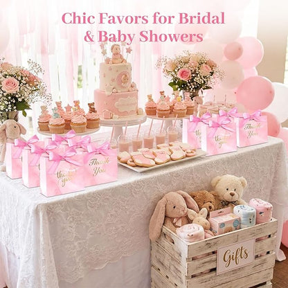 VGOODALL 24PCS Thank You Gift Bags, 4.5x3.9x1.8Inches Mini Party Favor Bags Pink Treat Boxes with Bow Ribbon for Wedding Bridal Baby Shower Birthday Party