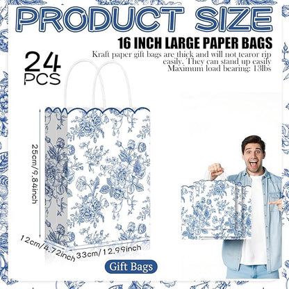 Kolldenn 24 Pcs Blue Floral Party Favor Bags with Handles 10 x 5 x 13 Inch Large Scalloped Wildflower Goodie Candy Gift Treat Bags for Birthday Decoration for Bridal Baby Shower Party Supplie