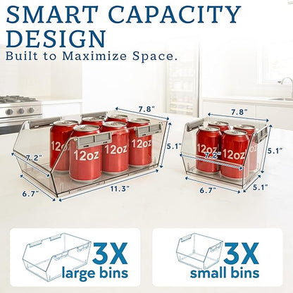 HOMESTEAD Set of 6 Stackable Storage Bins, 3 Large + 3 Small Clear Plastic Organizer Bins, Open Front Design for Kitchen Pantry, Fridge, Cabinet, Bathroom Organization and Snack Storage