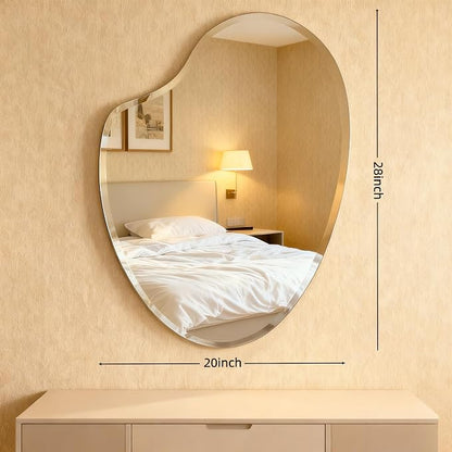 Frameless Asymmetrical Heart Shaped Wall Mirror, 20x28 Inch Beveled Edge Decorative Vanity Mirror for Bathroom, Bedroom, Entryway