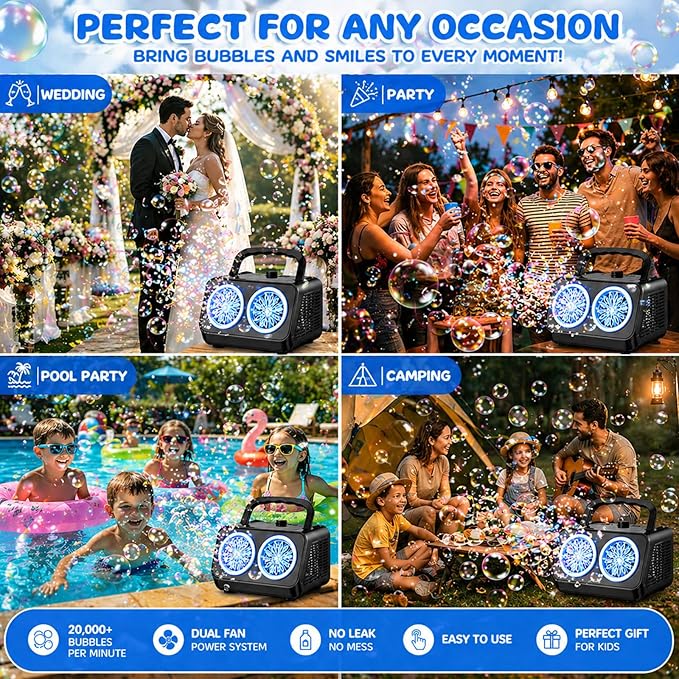 SHCKE Automatic Bubble Machine Upgrade Bubble Blower with 2 Fans,20000+ Bubbles Per Minute, USB-C or Battery Powered,Sealed Bottle, Portable Bubble Maker for Birthday Party Pool Wedding Outdoor