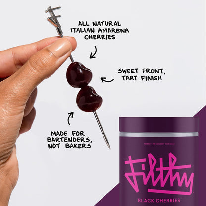 Filthy Cocktail Amarena Black Cherries, Premium Cocktail Garnish, All Natural Wild Italian Amarena Black Cherry, Non-GMO, Gluten Free, Vegan, Slow-Cooked, 45 Oz Tin, 170 Cherries