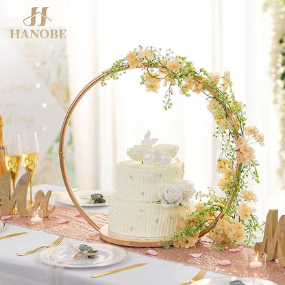Hanobe Gold Cake Stand for Wedding: 11.7 Inch Round Arch Cupcake Display Stands with Wood Base Decorative Metal Hoop Centerpiece Decor for Party Birthday Baby Shower