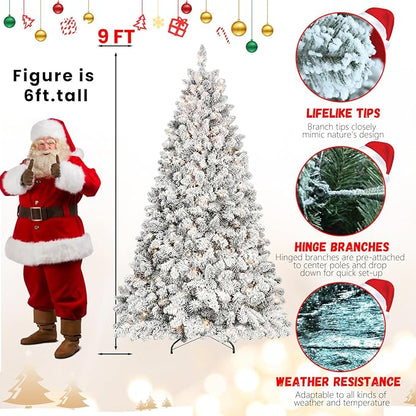 9FT Prelit Flocked Christmas Tree with 850 Lights & 2240 Branch Tips, Pre Lit Hinged Xmas Tree with Memory Wire Technology, Premium Artificial Christmas Tree with Pine Cone for Holiday Decoration
