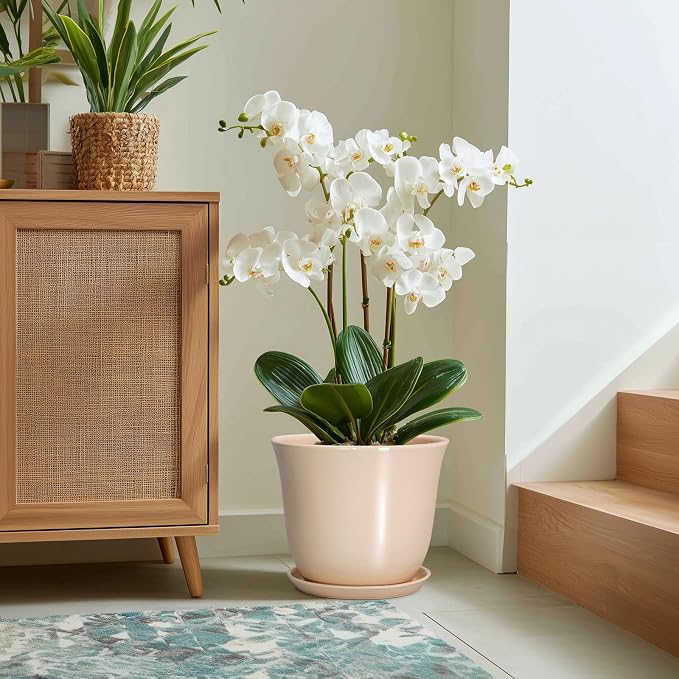 Ceramic Plant Pots - 12 Inch Plant Pot with Drainage Hole and Tray, Large Round Flower Pot for Indoor Outdoor, Modern Planter, Decorative Planters, Home Garden Decor, Beige
