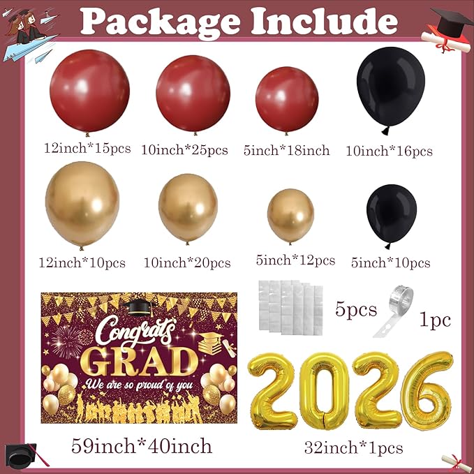 Maroon 2026 Graduation Party Decorations - Graduation Balloon Arch Kit With Maroon Gold Graduation Balloons, Congrats Grad Backdrop, 2026 Foil Balloons For High College School Graduation Decorations