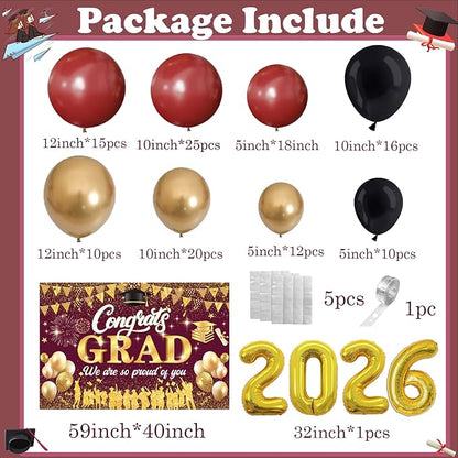 Maroon 2026 Graduation Party Decorations - Graduation Balloon Arch Kit With Maroon Gold Graduation Balloons, Congrats Grad Backdrop, 2026 Foil Balloons For High College School Graduation Decorations