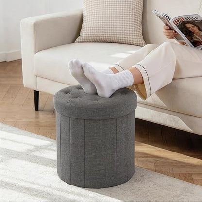 CAROLMADE Round Storage Ottoman, Linen Folding Footrest Stool