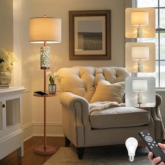 OYEARS Dimmable Farmhouse Floor Lamp for Living Room, 2-in-1 Rustic Floor Lamp with Main&Night Light,Linen Shade&Dual Switches, 65" Standing Lamp for Bedroom Office Corner Dining Room, Wood Pole Lamp
