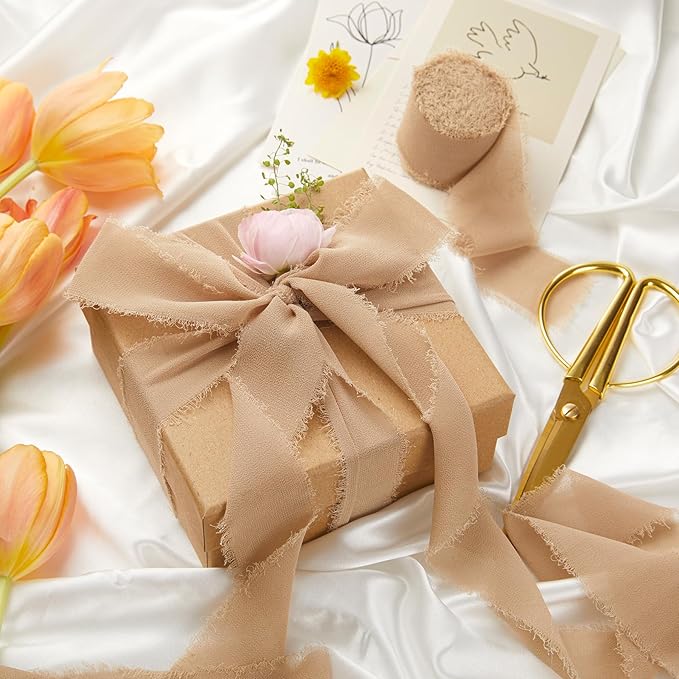 3 Rolls Fall Light Brown Handmade Fringe Chiffon Ribbon, 1.5" x 7Yd Chiffon Silk Ribbons, Gift Wrapping Ribbons Set for Bridal Bouquets, Gift Wrapping, Wedding, Bouquet Wrap, DIY Crafts