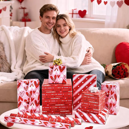 WERNNSAI Valentines Wrapping Paper Rolls - 3 Roll 17”x 120” Happy Valentines Day Gift Wrap Supply Red Love Heart Stripe Design Girls Princess Style for Women Valentine Date Favor