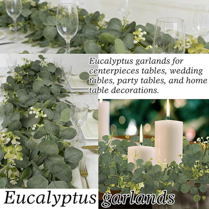 Eucalyptus Garland Faux Silk Leaf Silver Dollar Artificial Greenery Fake Eucalyptus Leaves Garlands for Table Wedding Party Indoor Outdoor Arch Wall Mantle Room Home Decoration (1, 5.5 FT)