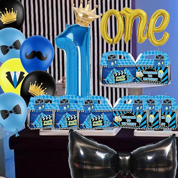 Apinwin 24 Set Blue Black Boss Gift Boxes With Thank You Tags, Little Gentleman Mr Onederful Boy Birthday Goodie Candy Treat Bags Party Favor Decorations Supplies