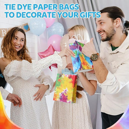 Gaillty 24 Pcs Tie Dye Party Favor Bags Camouflage Goodie Gift Bags with Handles Colorful Rainbow Paper Treat Candy Totes for Retro Theme Birthday Party Supplies Decorations