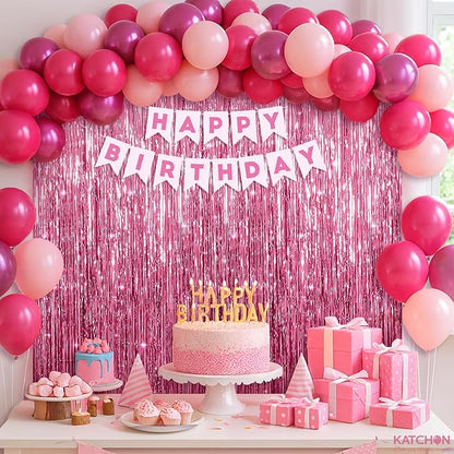KatchOn, Valentines Day Decorations Set - Huge, Pack of 52 | Pink Fringe Backdrop Curtain and Latex Balloons for Galentines Day Decorations | Bachelorette, Birthday Decoration | Pink Party Decoration