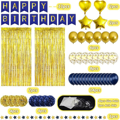 ZERODECO Birthday Party Decorations for Men, Navy Blue Gold Happy Birthday Banner Pompoms Balloon Arch Fringe Curtain Party Décor for Men Boys Women Girls Party Decorations Kit