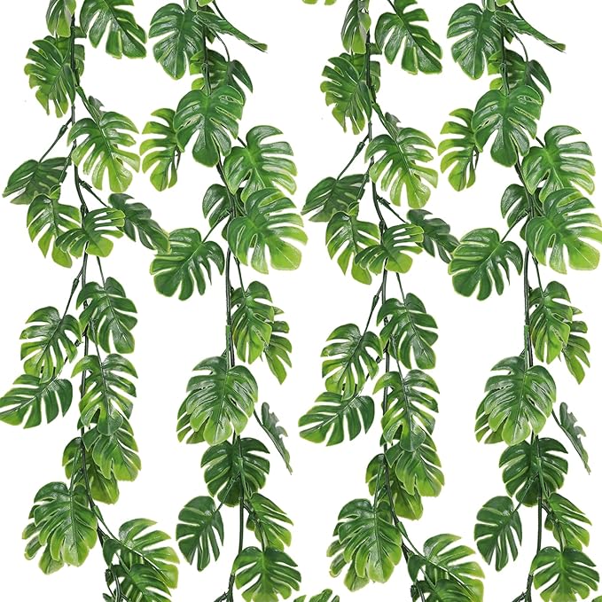 RECUTMS 4Pcs Artificial Monstera Leaves Vines, 5.9FT Fake Hanging Plant Ivy Faux Tropical Palm Leaf Greenery Garland for Garden Porch Patio Jungle Luau Beach Birthday Party Indoor Outdoor Spring Décor