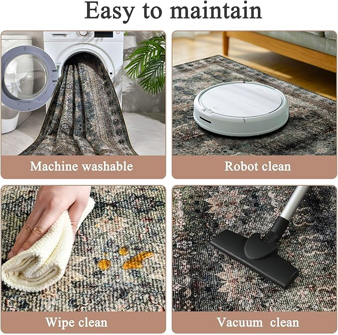 4x6 Area Rug for Bedroom Machine Washable, Non Slip Vintage Floral Kitchen Rugs for Dining Room, Rustic Indoor Floor Carpet for Kids Room, Playroom, Farmhouse(Dark Green/Brown/Multi)