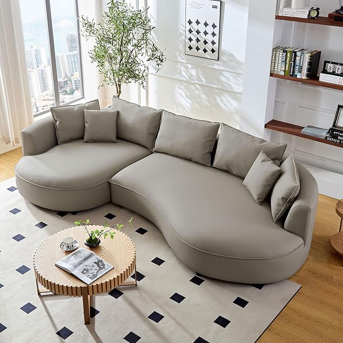 WILLIAMSPACE 124.8" Leather Curved Sofa Couch, Modern Upholstery Luxury Sofa with Pillows, Left Hand Facing Sectional Couch for Living Room (Left-Facing,Light Grey Leather)