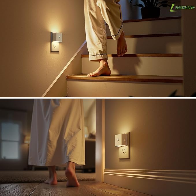L LOHAS LED Night Light,Plug in Night Light with Motion Sensor and Dusk to Dawn Sensor,[2-Pack] Brightness Adjustable,3000K Soft White, Nightlight for Bathroom Hallway Kitchen