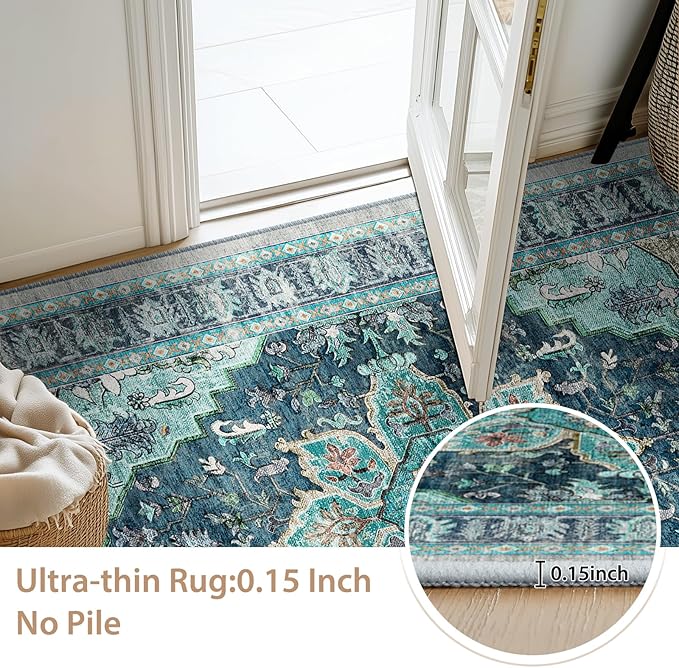 BESTSWEETIE 9x12 Area Rug Washable Rugs for Living Room, No Pile Boho Carpet for Entryway Bedroom Dinning Room, Vintage Carpet Print Distressed Non-Slip, 9 x 12 ft, Teal Dark Green