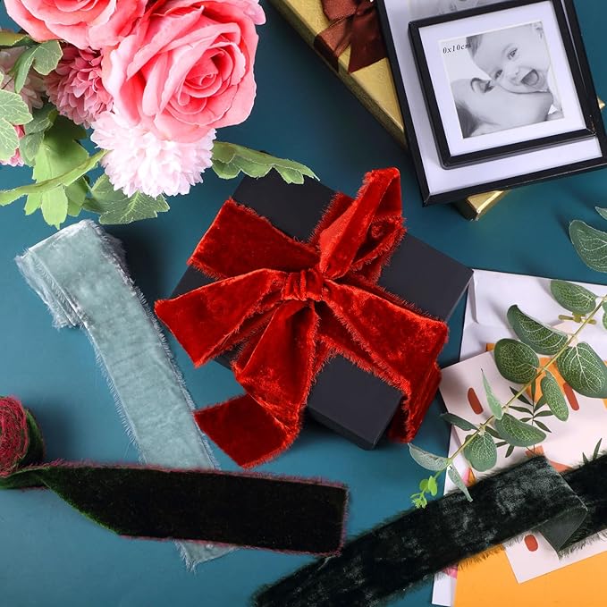 Canlierr 4 Roll Valentine's Day Silk Velvet Ribbon for Gift Wrapping Fringe Fabric Frayed Velvet Ribbon Raw Edge for Valentine Day Party Wedding Decor Bouquet Basket Hair(Classic Color,2 in X 16 yd)