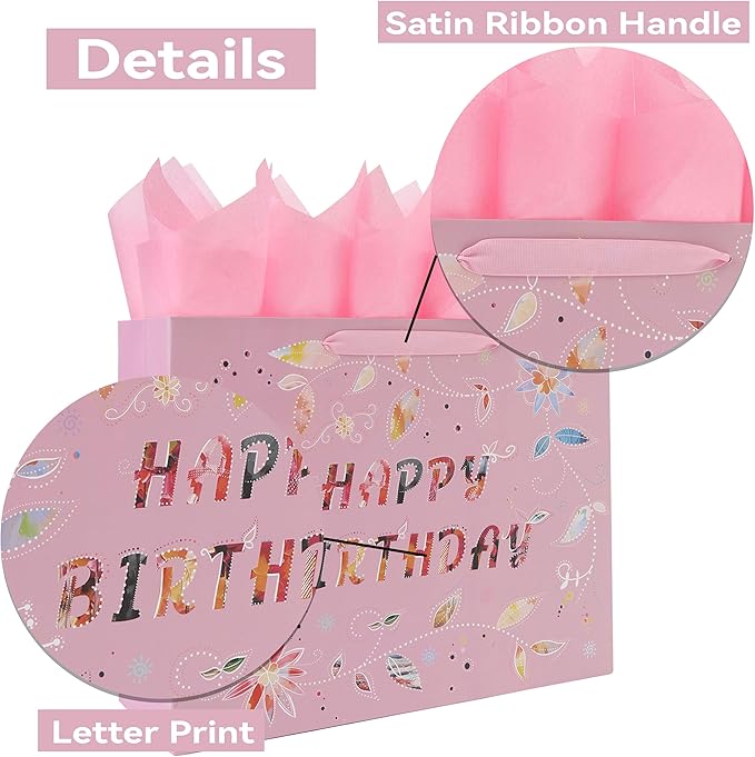 Qirrmiy 16.5” Extra Large Happy Birthday Gift Bag Set with Handles, Greeting Card, Tissue Papers and Stickers for Women Girls, Pink Floral Design, 1 Pcs