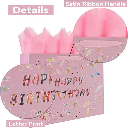Qirrmiy 16.5” Extra Large Happy Birthday Gift Bag Set with Handles, Greeting Card, Tissue Papers and Stickers for Women Girls, Pink Floral Design, 1 Pcs
