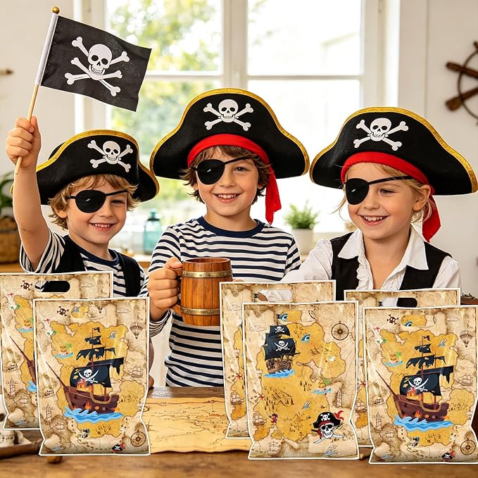 Falueqg Pirate Party Favor Bags - 50 Pcs Pirate Goodie Candy Gift Bags Treasure Map Themed Party Supplies for Nautical Themed Birthday Decor