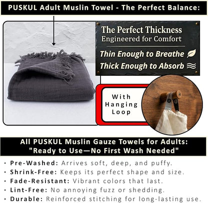 PÜSKÜL - Premium 2-Piece Oversized Muslin Bath Towel for Adult 35x70 Extra Large Bath Sheets | Natural 100% Turkish Cotton Soft Absorbent Quick-Dry Light Spa & Beach Towels(Pack of 2, Anthracite)