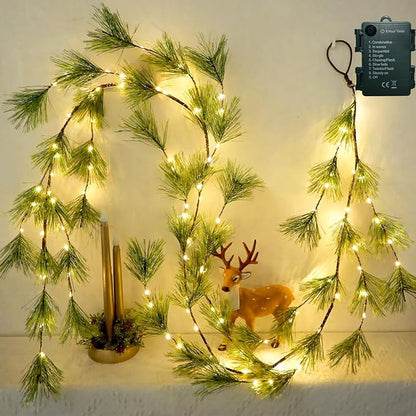 2025 New 6.56FT Christmas Pine Garland Lights 96 Warm White LED Lights 8 Flash Modes Battery Operated with Timer Lighted Smoky Pine Garland for Mantle Fireplace Indoor Home Christmas Decoration