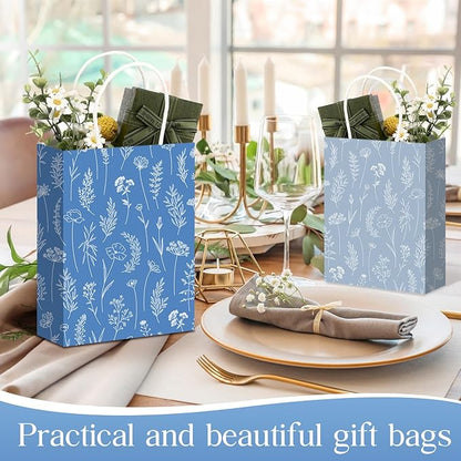 Kolldenn 50 Pcs Blue Wildflower Gift Bags with Handles Paper Floral Goodie Welcome Bag for Wedding Guest Baby Shower Bridal Birthday Party Favor, 5.91 x 3.15 x 8.27 Inches