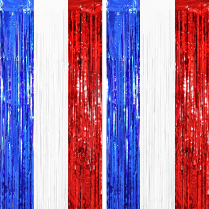 2 Pack Red White and Blue Tinsel Foil Fringe Curtains, 4th of July Decorations, Metallic Tinsel Party Streamers Backdrop for Patriotic, Memorial Day, Independence Day Party Decorations