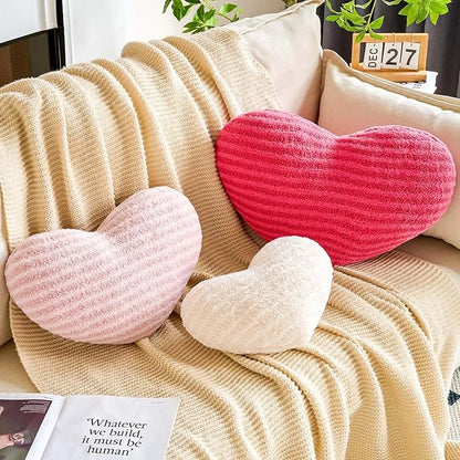 XVTRU Hot Pink Heart Pillows, 15.7" Cute Heart Decorative Pillow, Stripe Heart Shaped Plush Throw Pillows for Bed