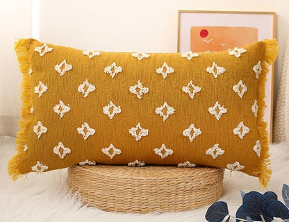 Boho Long Lumbar Pillow Cover 14x24 with Tassel,3D Flower Patterned Cotton Decorative Long Lumbar Pillow Cover Pillow Case for Sofa Couch Bed Livingroom Farmhouse,Yellow