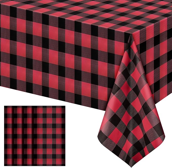 4 Pack Red Striped Gingham Tablecloths, 54 x 108 Inch Disposable Plastic Rectangle Table Covers, Waterproof Red and Black Checkered Table Cloths for Picnic, Birthday, Party, Outdoor Events