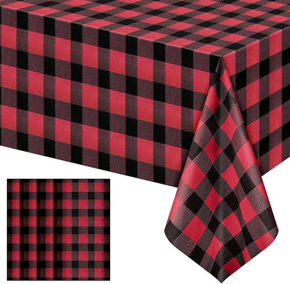 4 Pack Red Striped Gingham Tablecloths, 54 x 108 Inch Disposable Plastic Rectangle Table Covers, Waterproof Red and Black Checkered Table Cloths for Picnic, Birthday, Party, Outdoor Events