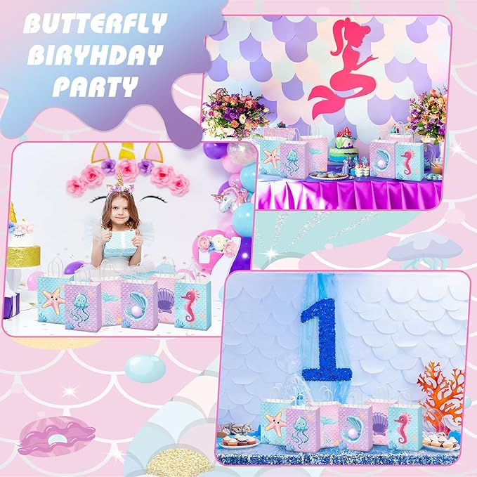 Outus 24 Pcs Mermaid Birthday Party Favor Bags Mermaid Gift Goodie Treat Candy Bags Under the Sea Gift Wrap for Kids Princess Baby Shower Party Supplies
