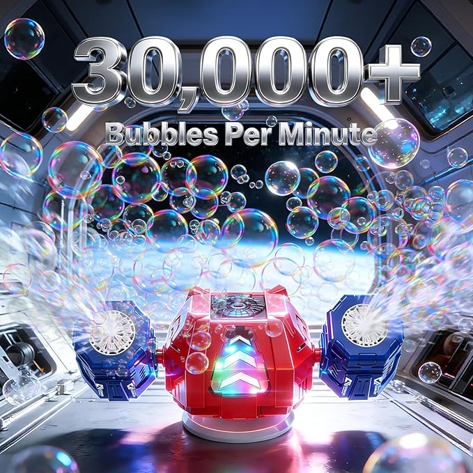 GoGonova Bubble Machine, 30000+ Bubbles/Min Rechargeable Kids Bubble Machine with Remote Control, Big Bubble Blower Maker, 360° Auto Rotation & 2 Speeds, 7-Color RGB Lights, Mecha Leader