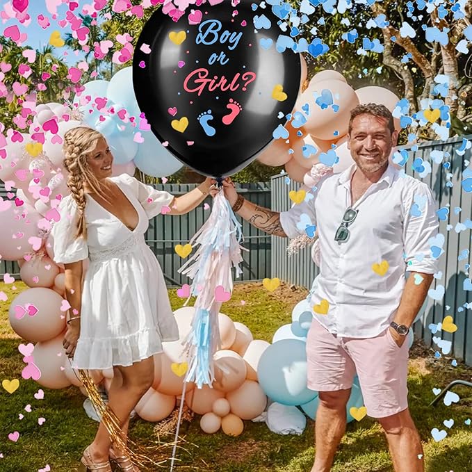 JOYYPDP Gender Reveal Balloons - 2 Pack 36 Inch Black Boy or Girl Balloon with Pink and Blue Heart-Shaped Confetti for Gender Reveal Party Decorations