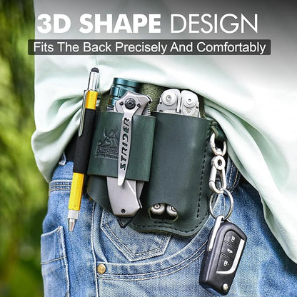 FLYHOMES Genuine Leather Multitool Sheath | Handmade Stitched EDC Belt Organizer for Leatherman Surge | Flashlight, Knife Holster, Pen & Tools Pouch | Dark Green (Large)
