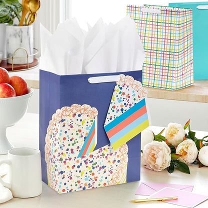 Hallmark 13" Large Birthday Gift Bag Bundle (3 Bags: Rainbow Confetti Cake, Plaid, Solid Teal Blue)