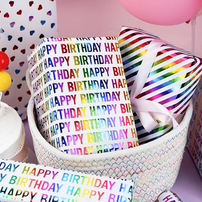 MAYPLUSS Birthday Wrapping Paper, Girl Iridescent Gift Wrapping Paper, Rainbow Foil Heart Polka Dots Stripes Bundle Gift Wrap for Kids Party, All Occasion (Mini Roll, 17 inch x 120 inch Per Roll)