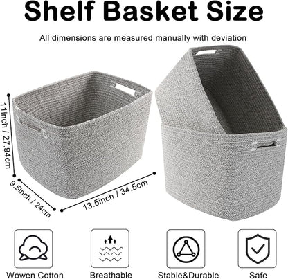 3 Pack Woven Rope Storage Baskets for Organizing,13.5"×11"×9.5"Storage Bins for Shelves,Perfect for Toys,Books,Towels,Clothes,Empty Gift Baskets for Nursery,Living Room&Bedroom(Mix Grey)