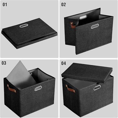 Roobyl 17" Large Collapsible Storage Bins with Lids, Stackable Closet Organizers with PU Handle and Labels, 3-Pack Decorative Fabric Storage Boxes for Home, Bedroom, Closet, Office, Nursery(Black)
