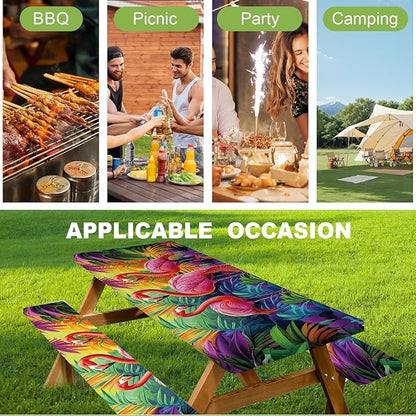 ANNA QUEEN Tropical Flamingo Summer Flower Picnic Table Cover 6FT with Bench Covers Picnic Table Cover Set 3PCS 72"x30", Outdoor Bench and Tablecloth Furniture Protection