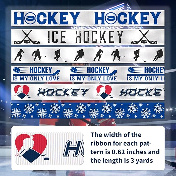 Hockey Ribbon, 6 Pack (5/8 Inch x 3 Yards Each), Ice Hockey Grosgrain Ribbons, Sports Player Silhouette Pattern with Snowflake Design for Hair Bow,Team Party Decorative, Sports Gift Wrapping