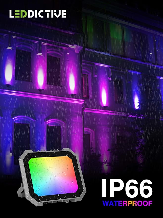 Leddictive 4 Pack RGB LED Flood Light 50W, 500W Equivalent 5000 LM Outdoor Landscape Flood Lights with 4 Remote, IP66 Waterproof Outdoor Light for Christmas Party Stage Uplight Wall Wash