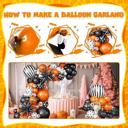 Halloween BOO Balloon Arch Garland Kit, Orange Black White Spooky Pumpkin Face Print Latex Balloons with Eyeball Spider Explosion Star Foil Balloon for Trick or Treat Scary Birthday Party Decorations